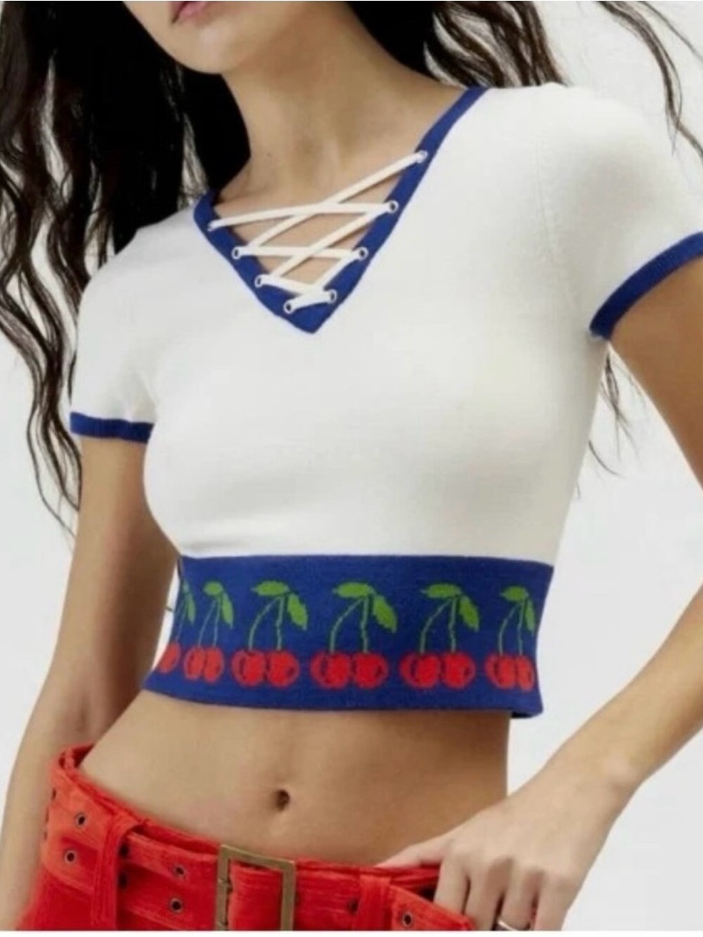 Urban Outfitters White Cherry Crop Lace Up Sweater Top